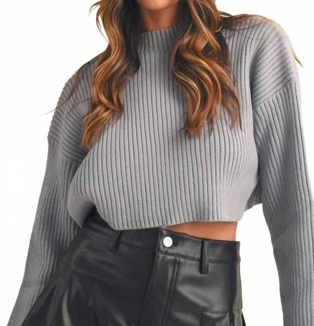 NEW MABLE mock neck cropped long sleeve ribbed sweater in dusty blue
